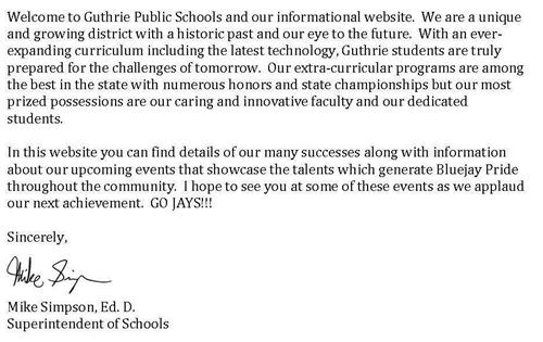 Welcome letter from Superintendent